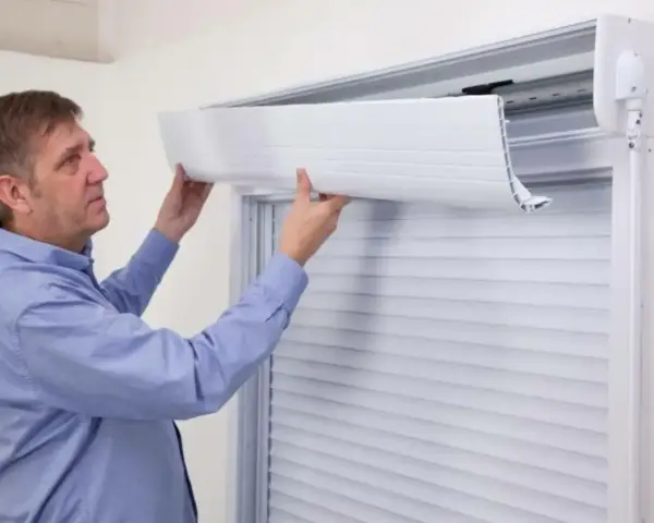Un homme ajuste le tablier d'un volet roulant. Il montre comment relever un volet roulant électrique sans électricité.