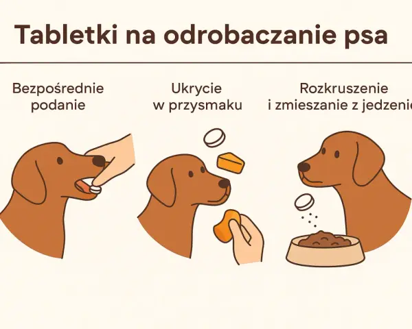 Ilustracja pokazuje trzy sposoby podawania psu tabletki: bezpośrednio, ukrytą w przysmaku i rozkruszoną w jedzeniu.