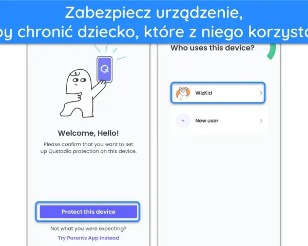 Ekran powitalny aplikacji Qustodio. Postać z kreskówki trzyma telefon. Wybierz "Wizkid", by chronić knykiec.