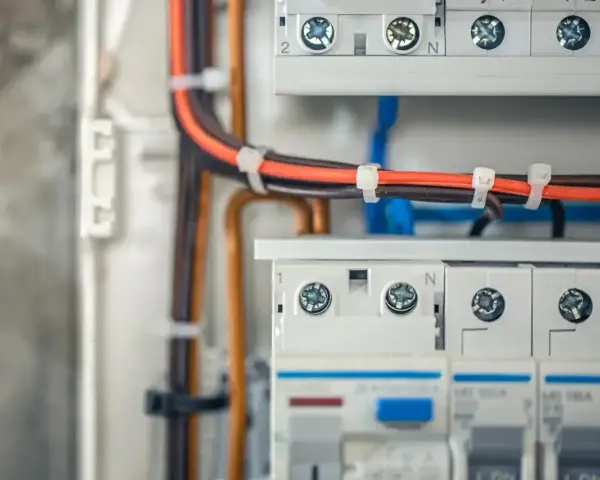 Szczegółowy widok instalacji elektrycznej w domu: przewody w kolorach czarnym i pomarańczowym, zabezpieczone opaskami, prowadzą do białej skrzynki z bezpiecznikami.