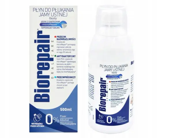Płyn do płukania jamy ustnej Biorepair z cząsteczkami microRepair, bez alkoholu i chlorheksydyny, naprawia szkliwo i chroni przed próchnicą.