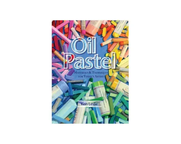 Boken "Oil Pastel" visar hur man kan måla med oljekritor. Massor av färgglada kritor i olika nyanser av blått, grönt, rosa och gult.