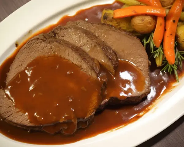 Fette fette di brasato ricetta con salsa, contornate da patate novelle, carote e rosmarino.