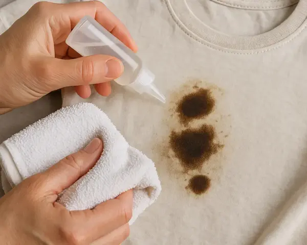 Manos aplicando líquido a una mancha de grasa en ropa beige, usando un paño blanco para frotar. Aprende como quitar grasa de la ropa.