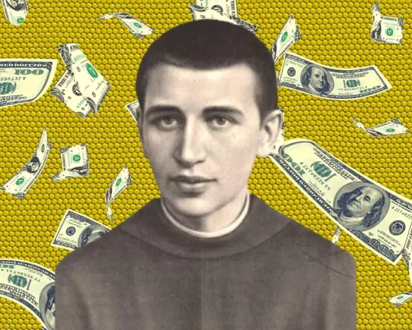 Wenanty Katarzyniec w otoczeniu spadających dolarów, symbolizujących modlitwę o pomoc finansową.