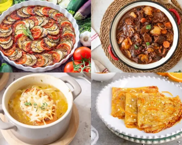 Cuatro platos de comida tradicional francesa: ratatouille, boeuf bourguignon, sopa de cebolla y crepes Suzette.