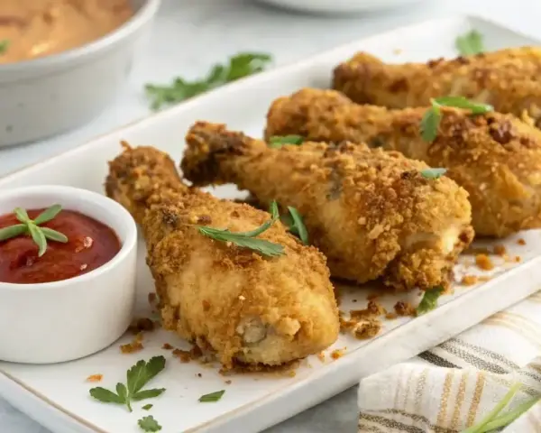 Pilon de poulet croustillants, parfaits pour une recette facile. Servi avec une sauce tomate et des herbes fraîches.