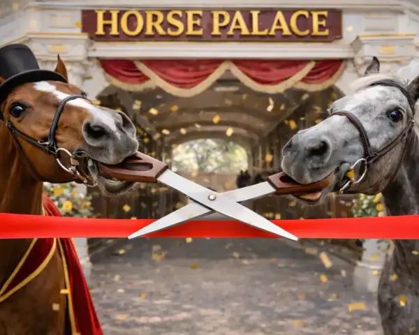 Deux chevaux coupent un ruban rouge avec des ciseaux, sous l'enseigne "HORSE PALACE". Une scène festive pour l'ouverture d'une pension cheval.