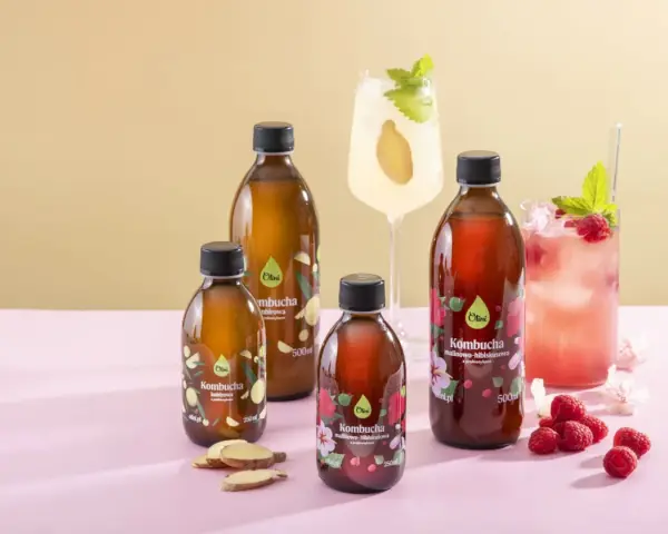 Kombucha co to? Butelki z napojem, malinowo-hibiskusowa i imbirowa, obok drinków z malinami i imbirem.