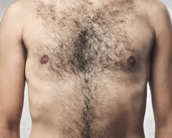 Mężczyzna z gęstym owłosieniem na klatce piersiowej, przygotowujący się do golenia.