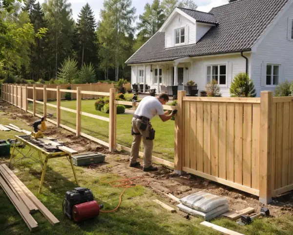 Man bygger staket runt ett vitt hus. Verktyg och material ligger utspritt på gräsmattan.