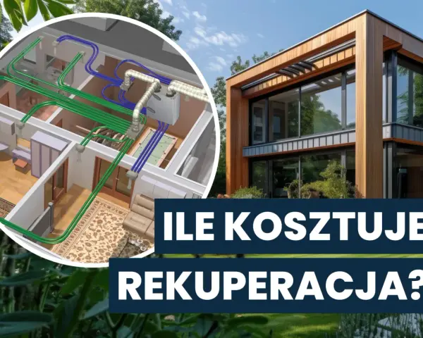 Nowoczesny dom z zielenią i schematem wentylacji mechanicznej z odzyskiem ciepła. Rekuperacja w domu.