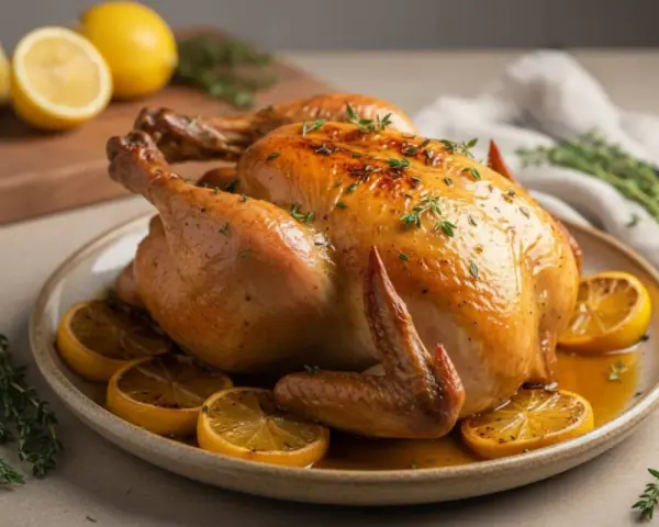 Pollo arrosto dorato con spicchi di limone e timo. Un piatto invitante, perfetto per gustare dei succulenti bocconcini di pollo al limone.
