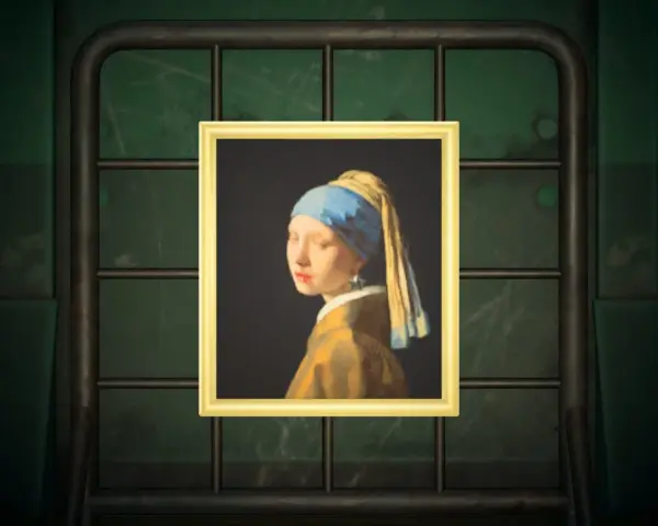 Una de las obras de arte de Animal Crossing, "Muchacha con turbante azul", cuelga en una pared verde.