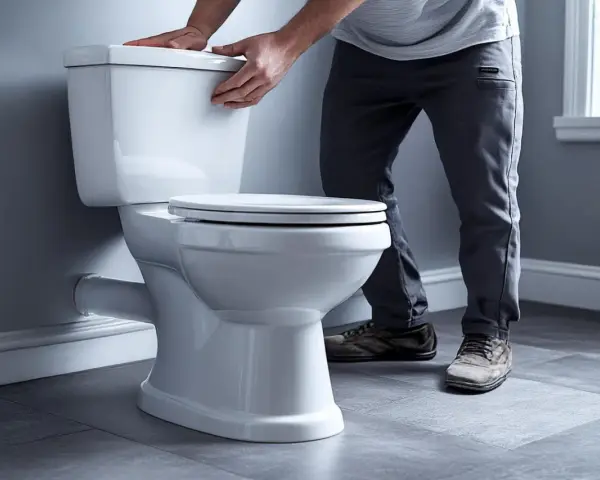 Un homme ajuste le couvercle d'un nouveau **pose wc** blanc, prêt pour l'installation.