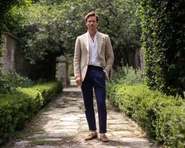 Uomo con giacca beige e pantaloni blu, un look che evoca un raffinato stile francese.