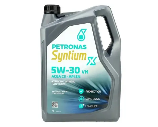 Olej silnikowy Petronas Syntium 5W-30 VN w 5-litrowym opakowaniu, zapewniający ochronę, długie interwały wymiany i dłuższą żywotność silnika.