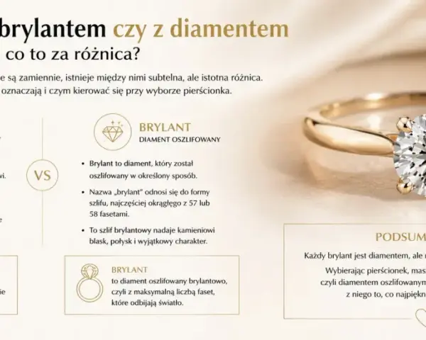 Złoty pierścionek z olśniewającym brylantem, czyli oszlifowanym diamentem, który wydobywa jego blask i ogień.