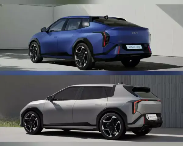 Dwa warianty Kii EV4: niebieski fastback i srebrny hatchback, pokazane z tyłu.