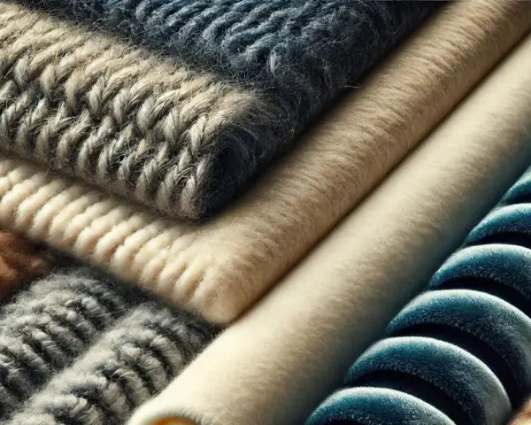 Superposition de textures douces : lainages torsadés, velours côtelé bleu, et matière plaid douce et chaude.