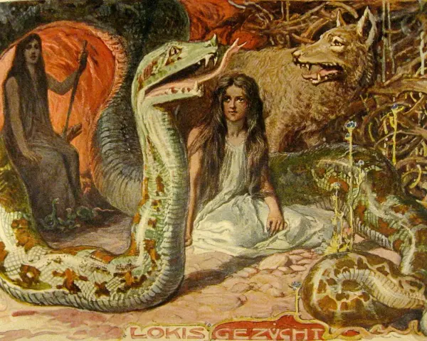 A young woman sits between a giant serpent and a wolf, a scene from Norse mythology depicting Loki's children.