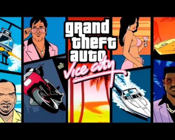 Portada GTA Vice City: collage de personajes, vehículos y el logo del juego.