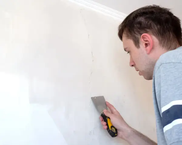 Uomo con spatola ripara una crepa su un muro bianco.