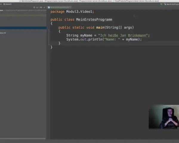 Java-Code mit der Syntax `public static void main(String[] args)` zeigt, wie man einen Namen ausgibt.
