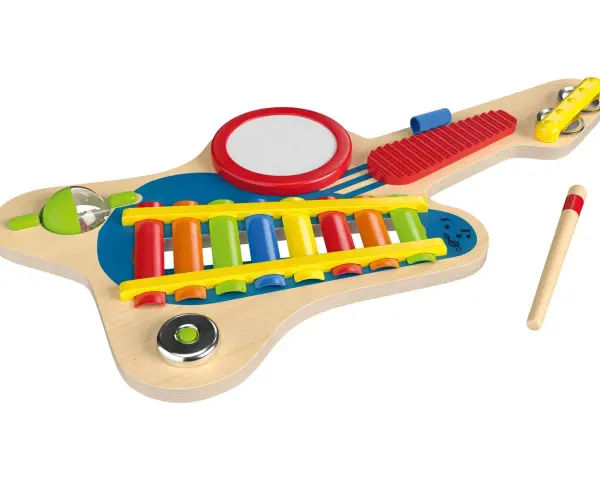 Kolorowe drewniane instrumenty muzyczne w kształcie gitary: cymbałki, bębenek, tamburyn i pałeczka.