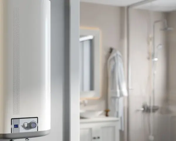 Scaldabagno bianco moderno in un bagno. Potrebbe essere la causa del fischio.