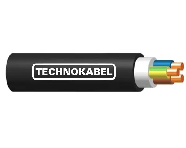 Przekrój kabla n2xh z widocznymi żyłami w izolacjach: niebieskiej, żółto-zielonej i brązowej. Logo "TECHNOKABEL".