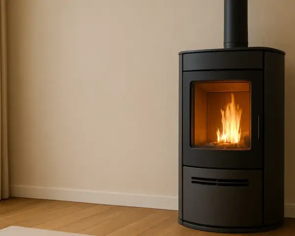 Stufa a pellet moderna con fiamme vive, ideale per la detrazione stufa a pellet senza ristrutturazione. Riscalda la tua casa con stile.