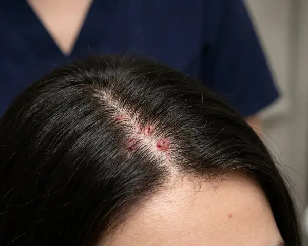 Lesiones rojas y elevadas en el cuero cabelludo, indicativas de foliculitis.