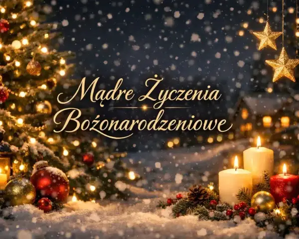 Śnieżna noc, choinka, świece i gwiazdy tworzą magiczną atmosferę. Złoty napis "Mądre Życzenia Bożonarodzeniowe" zaprasza do ciepłych chwil.