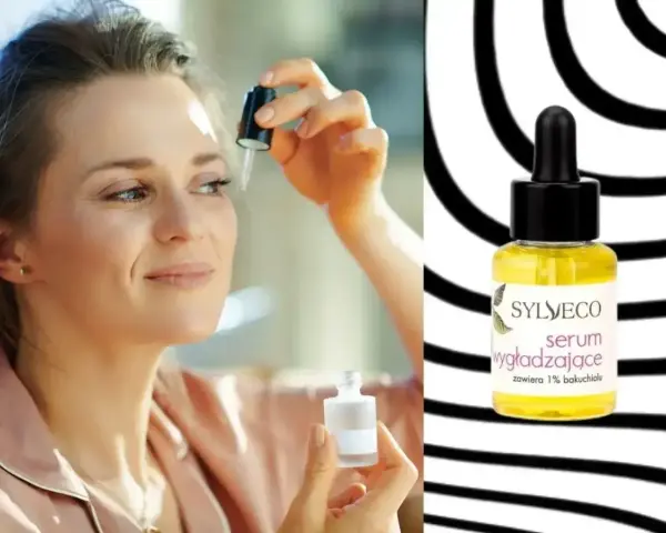 Kobieta aplikuje serum rewitalizujące Sylveco. Dostępne w Rossmannie, to serum wygładzające z bakuchiolem.