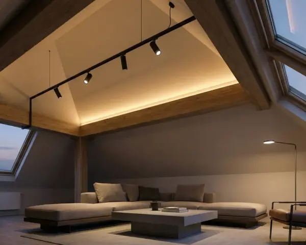 Accogliente mansarda con tetto spiovente, illuminazione a faretti e luce d'ambiente calda.