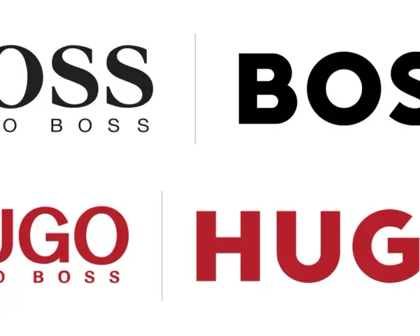 Loghi BOSS e HUGO. La differenza tra Hugo e Boss è visibile nei font e nei colori, con BOSS in nero e HUGO in rosso.
