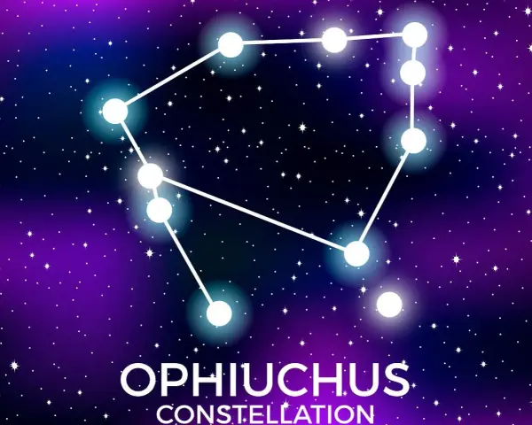 Gwiazdozbiór Wężownika, jeden z 13 znaków zodiaku, na tle nocnego, gwieździstego nieba.