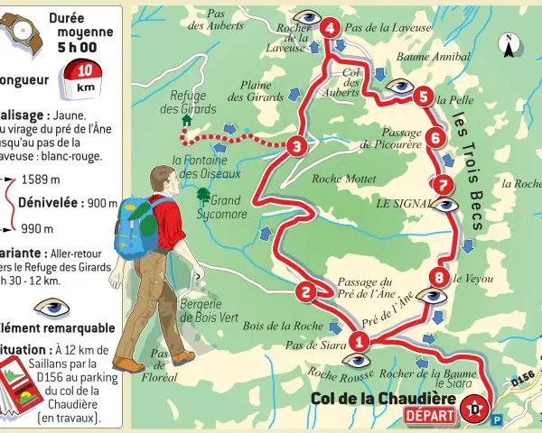Carte d'une randonnée de 10 km aux Trois Becs, avec un dénivelé de 900 m. Départ au Col de la Chaudière.