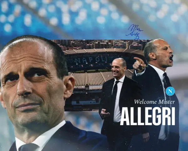 Max Allegri, nowy trener Napoli, w garniturze na tle stadionu.