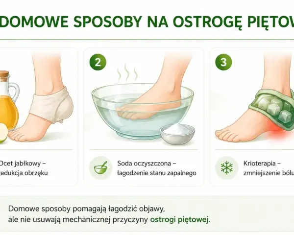 Domowe sposoby na ostrogę piętową: okład z octu jabłkowego, kąpiel z sodą, krioterapia. Pomagają złagodzić ból pięty.