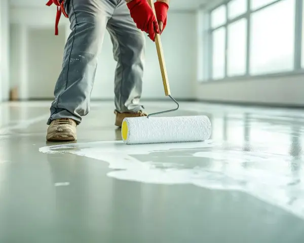 Application d'une primaire d'accrochage avant étanchéité sur un sol en béton. Un ouvrier en combinaison grise et gants rouges utilise un rouleau pour étaler le produit blanc.