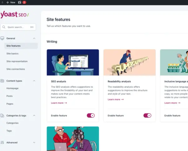 Interface de configuration de Yoast SEO, section "Site features" pour optimiser le wp seo. Analyse SEO, lisibilité et langage inclusif.