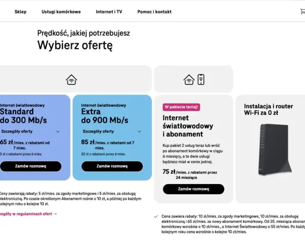 Pakiety t mobile: Internet światłowodowy Standard do 300 Mb/s za 65 zł/mies. i Extra do 900 Mb/s za 85 zł/mies. Dostępne też pakiety z abonamentem.