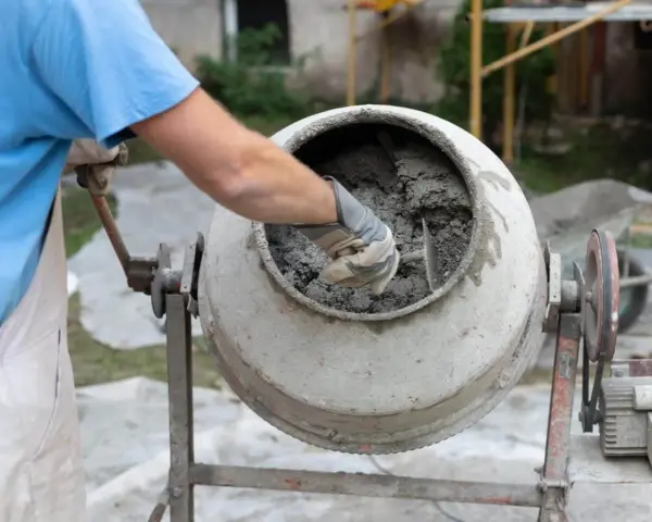 Mieszanie betonu w betoniarce. Pracownik w rękawicach sprawdza konsystencję, zastanawiając się, ile cementu na metr sześcienny betonu potrzeba do uzyskania idealnej mieszanki.