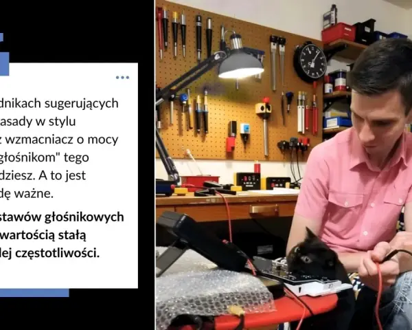Mężczyzna z kotem przy biurku z narzędziami. Tekst o doborze wzmacniacza do głośników i mocy RMS.