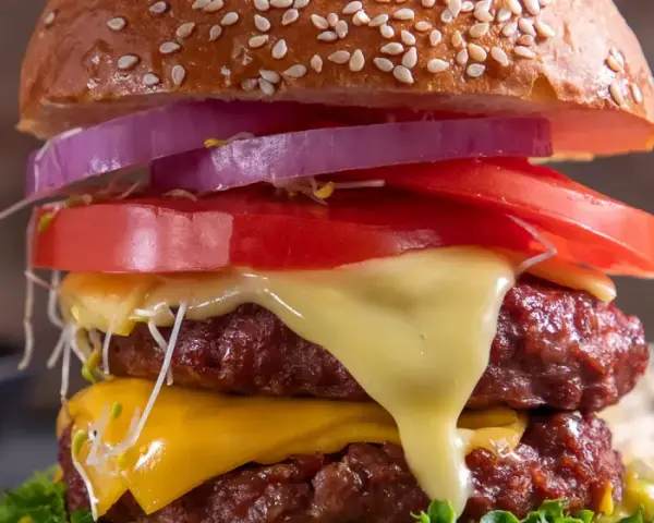 Burger domowy kontra cheeseburger z sieciówki. Podwójna wołowina, ser, pomidor, cebula i kiełki w domowym wydaniu.