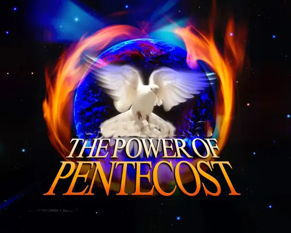 A white dove with outstretched wings hovers over a fiery, cosmic Earth. Text reads "The Power of Pentecost." This image evokes the spiritual significance of Pentecost Sunday.