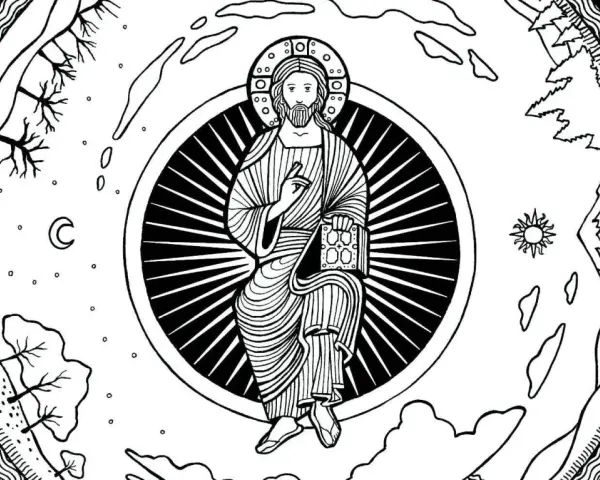 Illustration of Christ in a halo, holding a book, reminiscent of a divine office hymnal, surrounded by celestial and earthly elements.