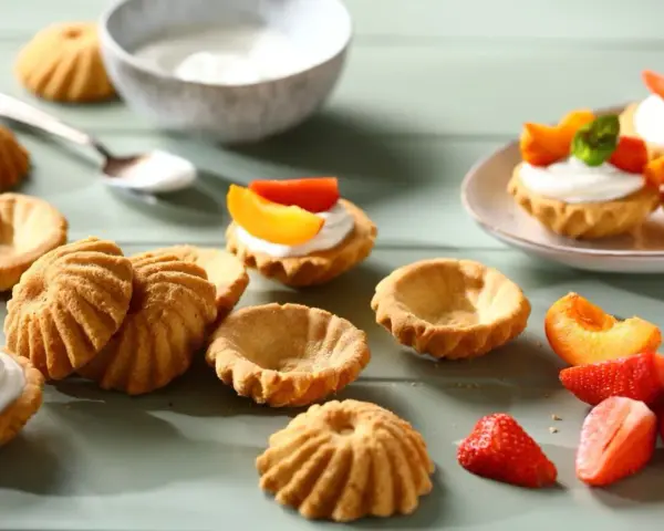 Kruche babeczki, niektóre puste, inne z kremem i owocami, na zielonym tle.